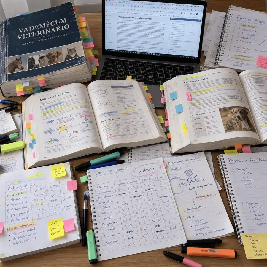 Mesa de estudio desordenada con libros, apuntes y vademécum