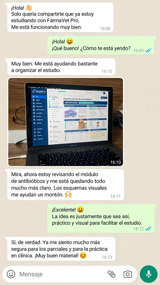 Testimonio por WhatsApp: estudiando antibióticos con FarmaVet Pro